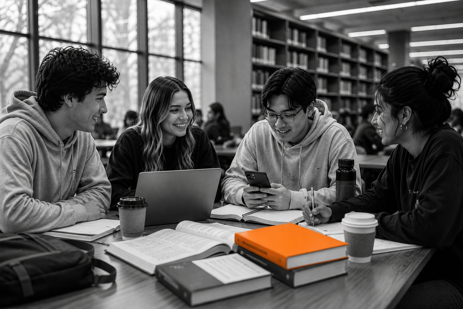 College students studying at library table